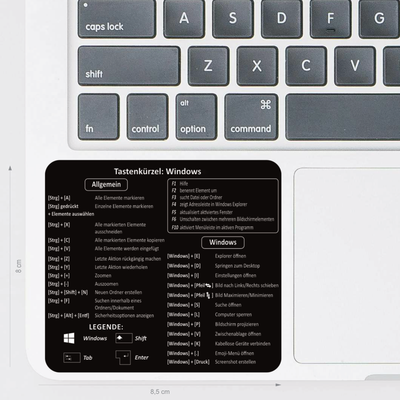 Der abwaschbare Aufkleber zeigt die nützlichsten deutschen Tastenkürzel für Windows. Der Aufkleber ist in transparent, schwarz oder weiß erhältlich.&nbsp;