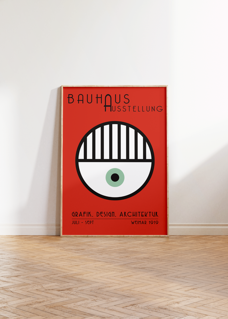 Das Bauhaus Poster zeigt dir auf rotem Hintergrund ein Auge.