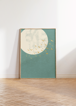 Poster Vögel Grün und Gold | Möwen vor Mond