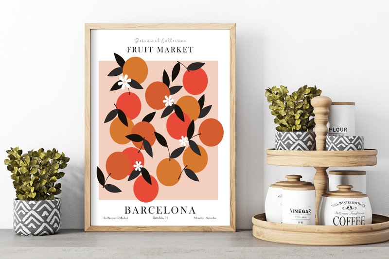 Das Poster ist ein fiktives Bild des Früchtemarktes in Barcelona.