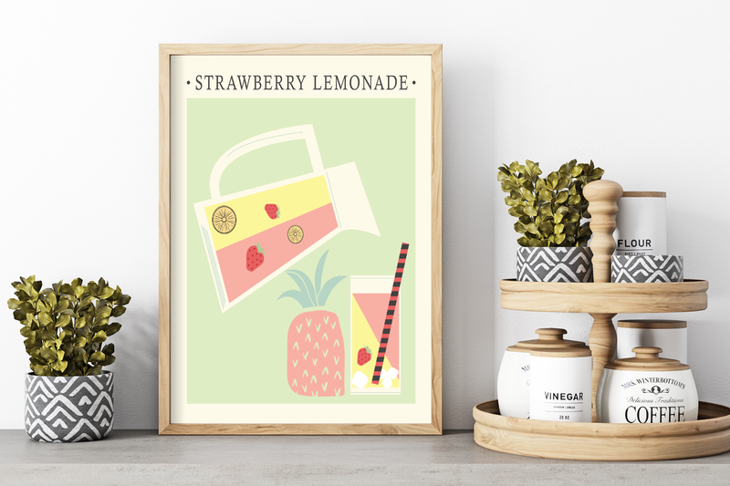 Das Poster für die Küche zeigt dir minimalistisch Darstellt eine Wasserkanne mit Erdbeerlimonade und ein Glas. 