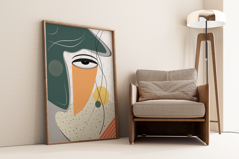 Das Bauhaus Poster zeigt dir in unterschiedlichen Formen ein bunt dargestelltes, weibliches Gesicht in den Primärfarben Grün und Orange.