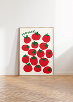 Das Poster zeigt Tomaten und als Überschrift Pomodori, das italienische Wort für Tomate. 