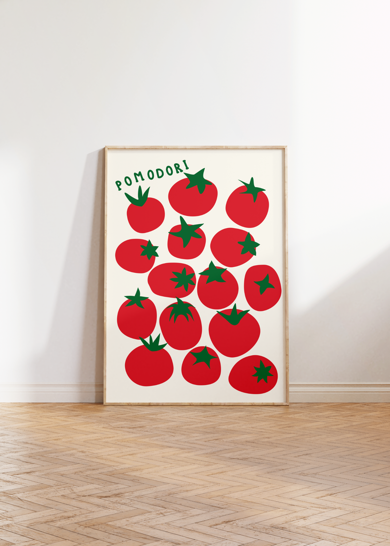 Das Poster zeigt Tomaten und als Überschrift Pomodori, das italienische Wort für Tomate. 