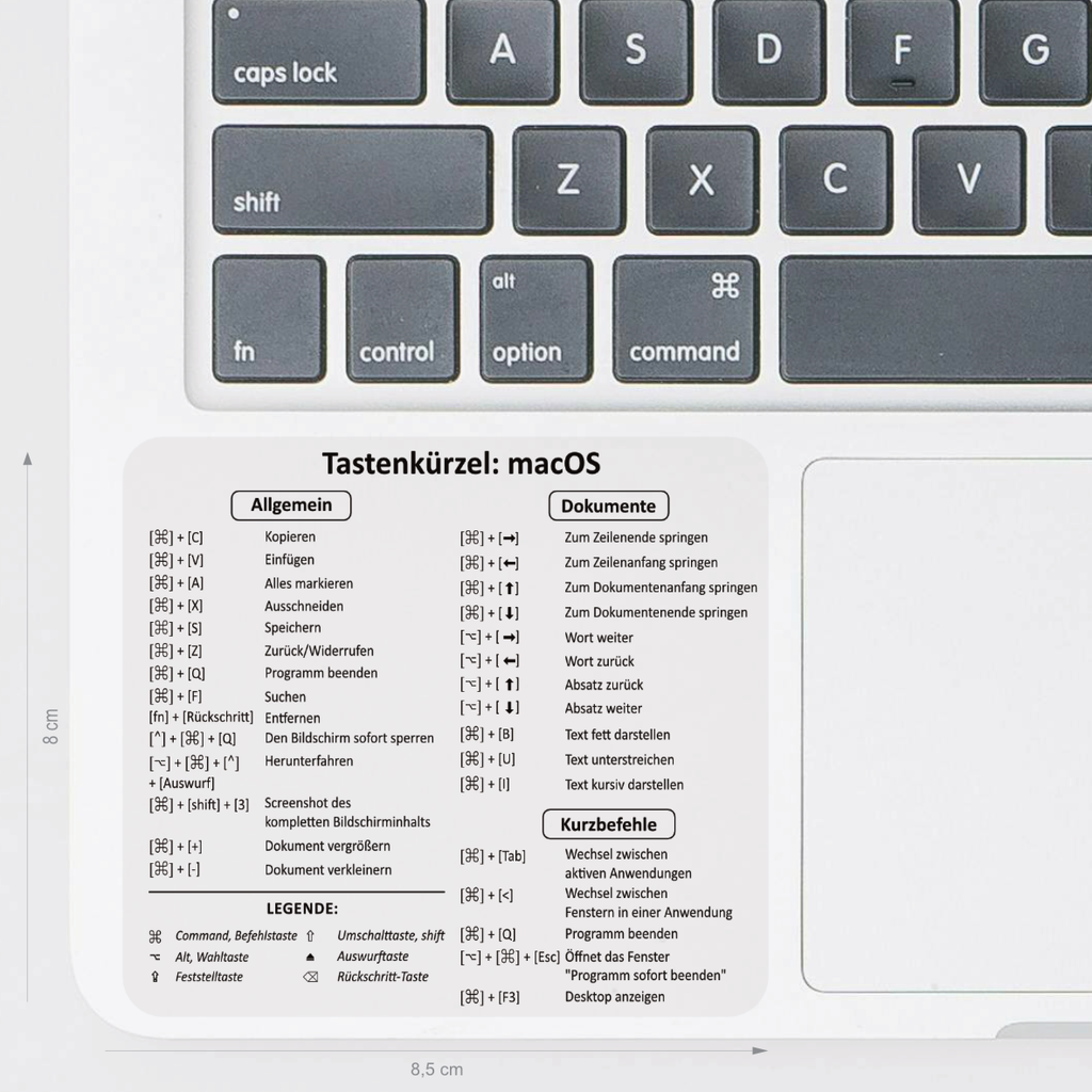 Der abwaschbare Aufkleber zeigt die nützlichsten deutschen Tastenkürzel für MacOS.
