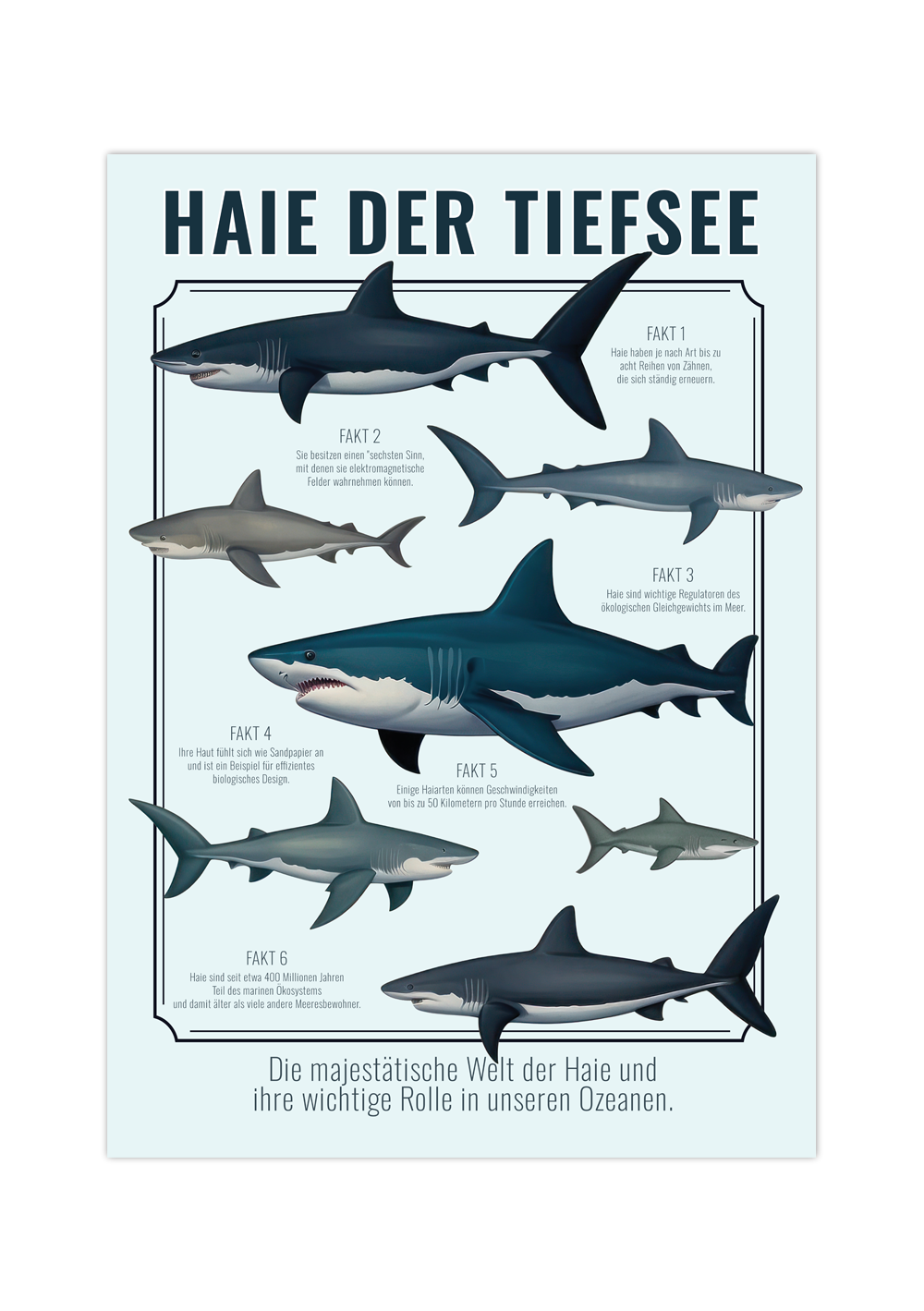 Dieses tolle Poster für das Jungenzimmer, das sechs spannende Fakten über Haie in deutscher Sprache präsentiert ist die perfekte Wanddeko für alle Kinderzimmer. 