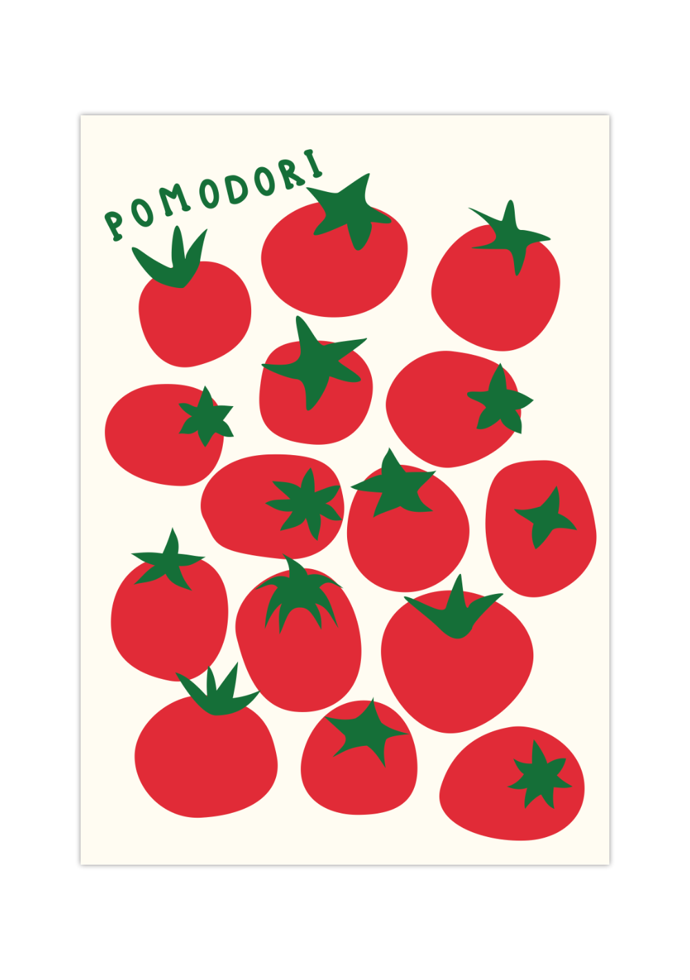 Das Poster zeigt Tomaten und als Überschrift Pomodori, das italienische Wort für Tomate. 