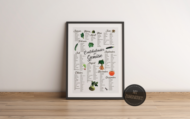 Das Poster zeigt dir einen Erntekalender für Gemüse, geordnet nach Monaten in beige.