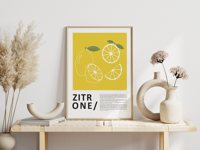 Das Poster für die Küche zeigt dir in minimalistischer Darstellung eine gezeichnete Zitrone, hierzu findest du unterhalb des Bildes das Wort Zitrone sowie eine Erklärung zur Zitrone.