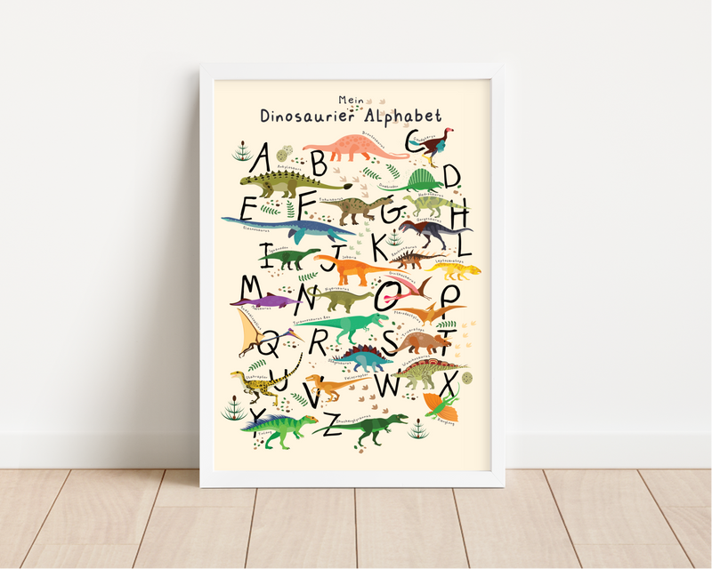 Das Alphabet Poster zeigt 24 Dinosaurier für jeden Buchstaben des ABC.