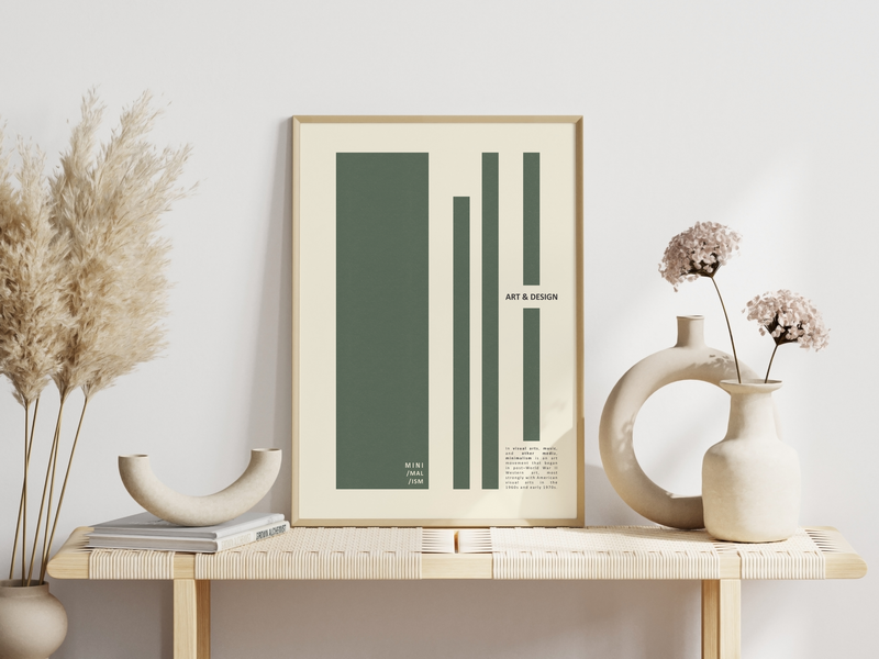 Das minimalistische Poster zeigt verschieden große, grüne Rechtecke. Zusätzlich enthält das Poster die Inschrift Art & Design, sowie eine kurze Beschreibung zum Minimalismus.