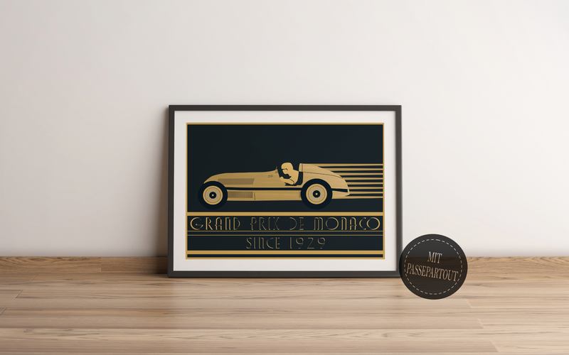 Dieses Poster zeigt einen alten Rennwagen von 1929, der einem Oldtimer nachempfunden ist, der zu dieser am Grand Prix von Monaco teilgenommen hat.