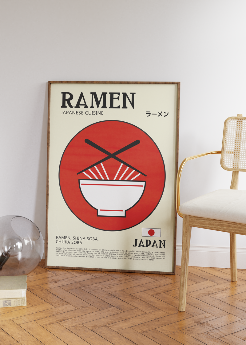 Dieses zeitgenössische Poster zeigt japanische Ramen-Nudeln, mit den Schriftzeichen für Ramen, der japanischen Flagge und eine kurze Erläuterung, was Ramen ist. 