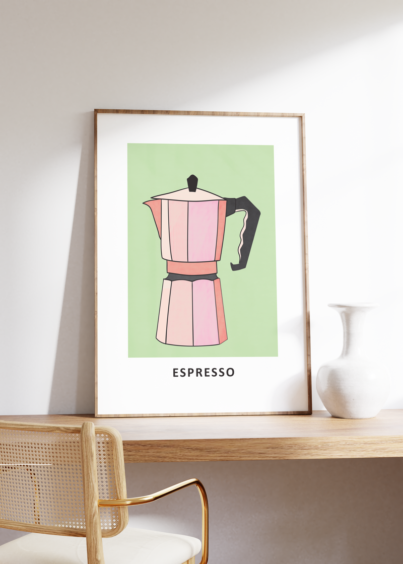 Dieses Kaffee-Poster für die Küche zeigt dir einen Espresso-Kocher in Rosa auf Grünem Hintergrund.