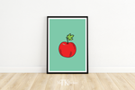 Dieses schöne Poster zeigt einen Apfel auf grünem Hintergrund im minimalistischen Stil. 