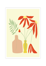 Das Poster zeigt zwei abstrakt dargestellte Vasen mit Blumen, im minimalistischen Design.
