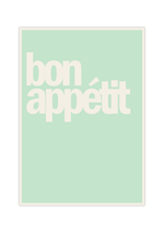 Das Küchenposter zeigt das Wort Bon Appétit in verschiedenen Vintagefarben wie Lachs, Grün, Blau oder Rotbraun. Das minimalistische Bild passt in jede modern gestaltete Küche.