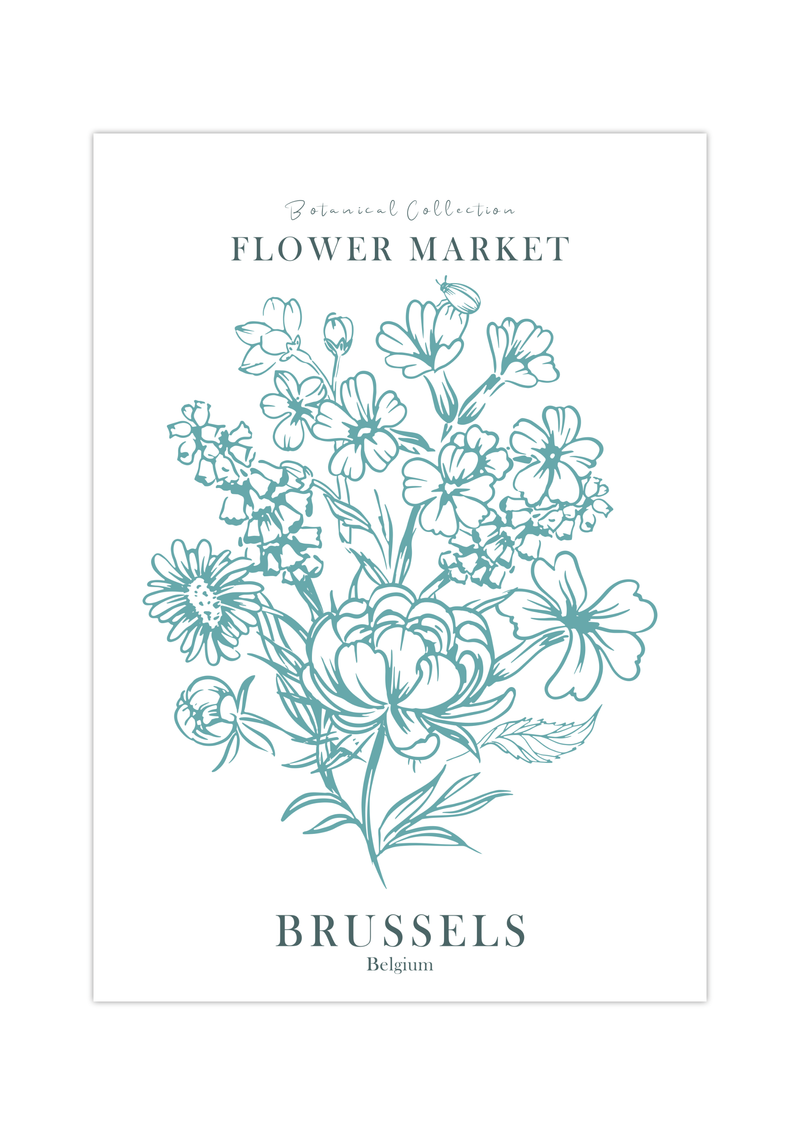 Das Poster ist ein fiktives Bild des Blumenmarktes in Brüssel, Belgien.