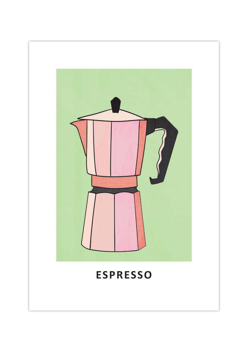Dieses Kaffee-Poster für die Küche zeigt dir einen Espresso-Kocher in Rosa auf Grünem Hintergrund.