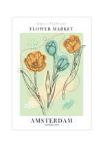 Das Poster ist ein fiktives Bild des Blumenmarktes in Amsterdam, Niederlande. Auf dem Poster sind die für Holland typischen Tulpen Blumen zu sehen.