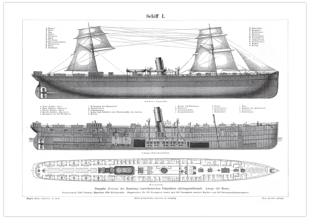 Das Poster eines Schiffes ist eine Vintage Lithographie aus Meyers Koversations-Lexikon aus dem Jahr 1890. 