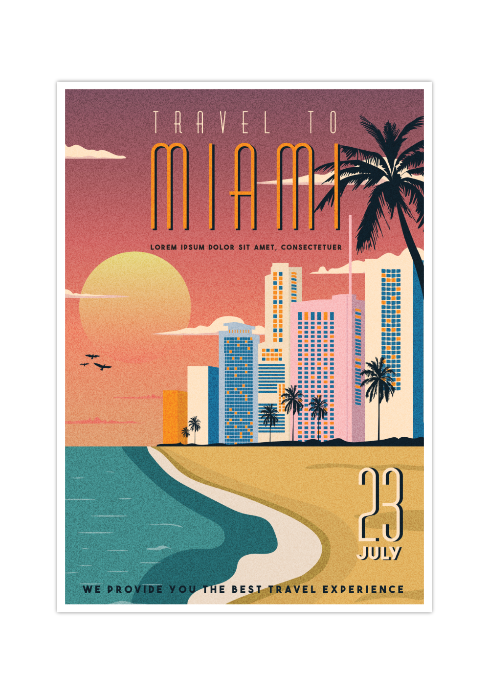 Das Vintage Poster der Stadt Miami in Florida, USA zeigt dir die Skyline von Miami und den Miami Beach. 